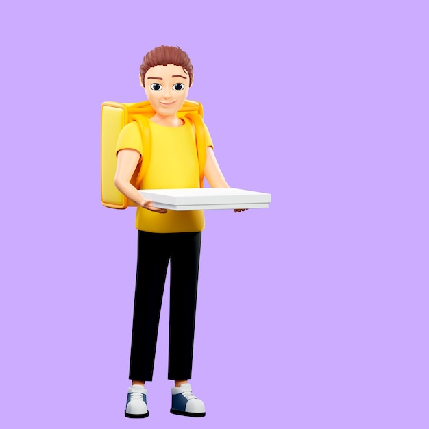 Ilustración rasterizada de un hombre con mochila y pizza Un joven con una camiseta amarilla entrega comida gratis orden de entrega de comida rápida compra de camión por correo ilustraciones en 3D para negocios y publicidad