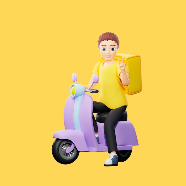 Ilustración rasterizada de un hombre montando una scooter y un gesto de saludo Un joven con una camiseta amarilla monta una motocicleta entrega transporte velocidad reglas de tráfico obras de arte de representación 3d para negocios