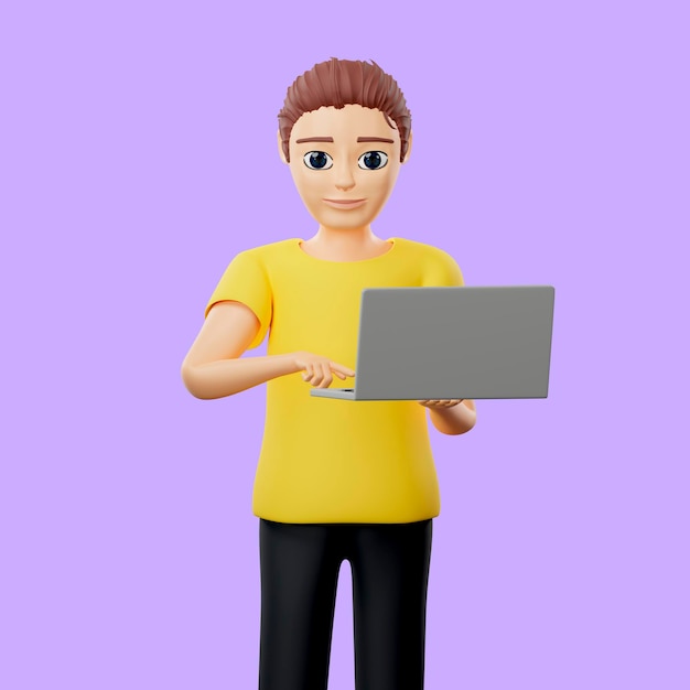 Ilustración rasterizada del hombre muestra y hace clic en la computadora Un joven con una camiseta amarilla se sienta en una computadora portátil y el trabajo nocturno relaja las redes sociales, navega por Internet, representa 3d obras de arte para negocios