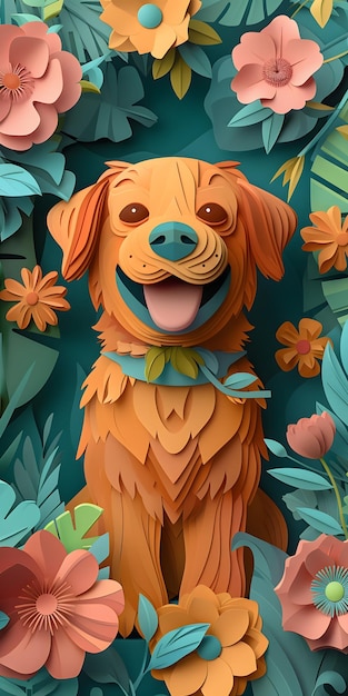 Ilustración de la raza de perro fawn en tonos naranja con acentos florales