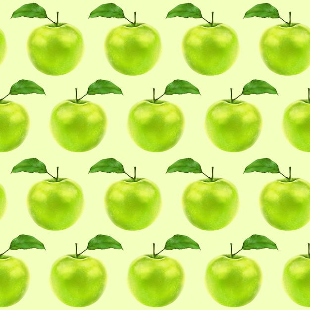 Ilustración realismo de patrones sin fisuras fruta manzana color verde sobre un fondo verde claro alto
