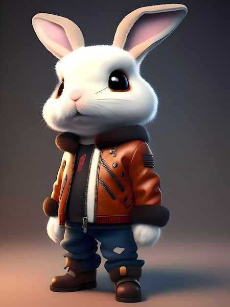 Ilustración realista en 3D de un lindo conejo con chaqueta de cuero