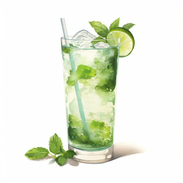 Ilustración realista en acuarela de un cóctel de mojito con hojas de lima y limón