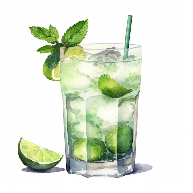 Ilustración realista en acuarela de un refrescante mojito con hojas de lima