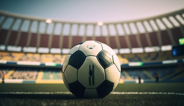 ilustración realista de un balón de fútbol con un gran estadio de fútbol en el fondo ai generativo