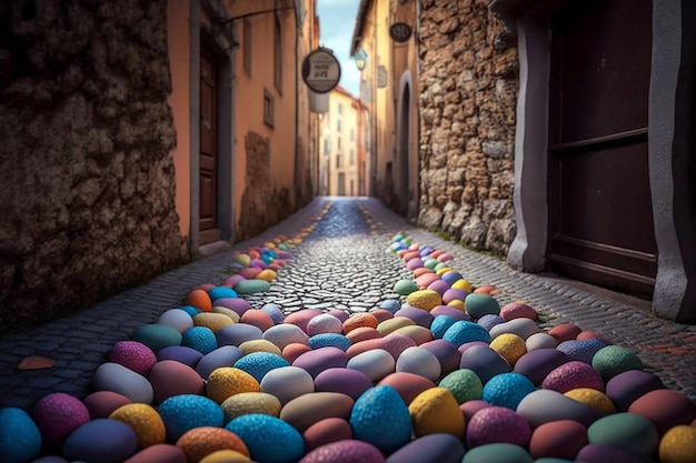 Ilustración realista de una calle del casco antiguo pavimentada con huevos de Pascua multicolores ai generativo