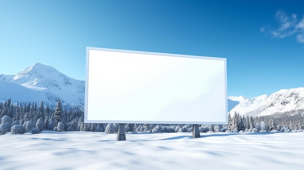 Ilustración realista Cartelera blanca en blanco al lado de una carretera de montaña en invierno