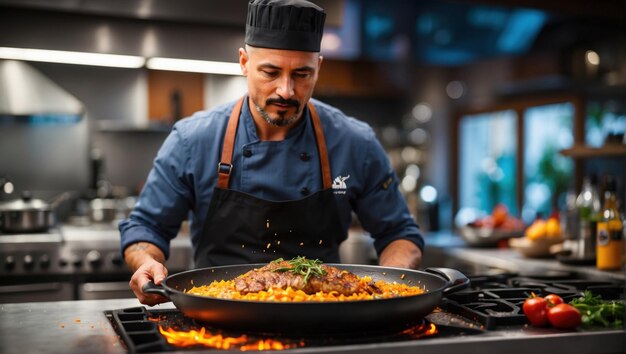 Ilustración realista de un chef profesional en la cocina preparando y presentando un plato de comida