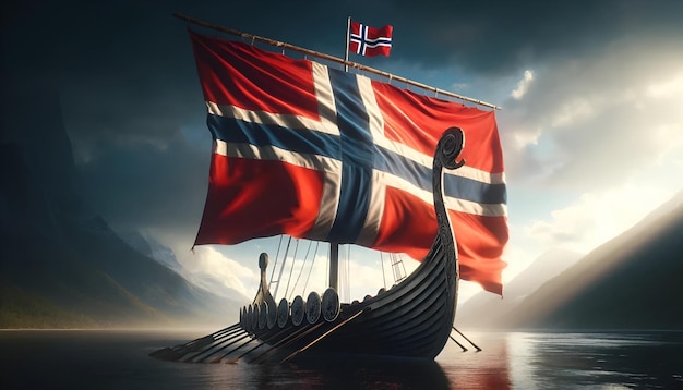 Ilustración realista para el día de la constitución de Noruega con un barco vikingo