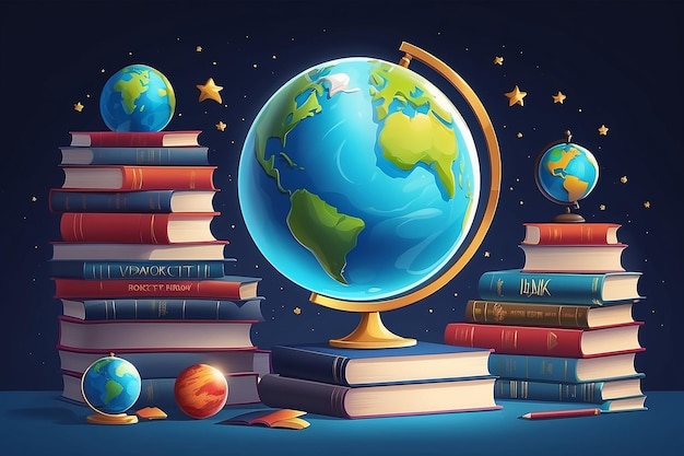 Ilustración realista del día mundial del libro con un planeta y una pila de libros