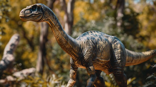 Una ilustración realista de un dinosaurio caminando por un bosque exuberante El dinosaurio está en primer plano y está mirando a la izquierda del cuadro