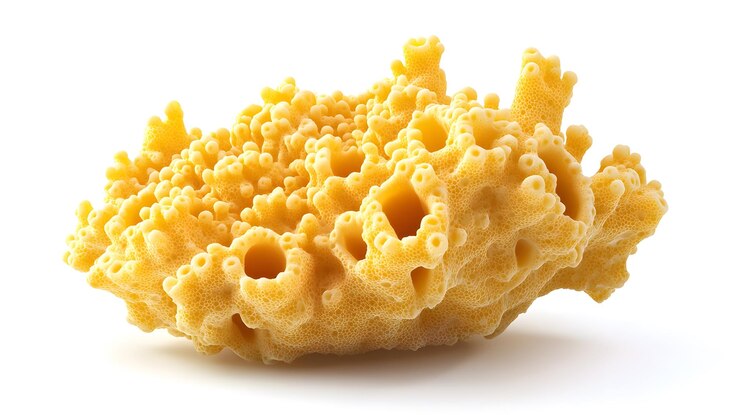 Ilustración realista de una esponja de coral amarilla con superficies porosas contra un fondo blanco impresionante estilo de estudio increíble