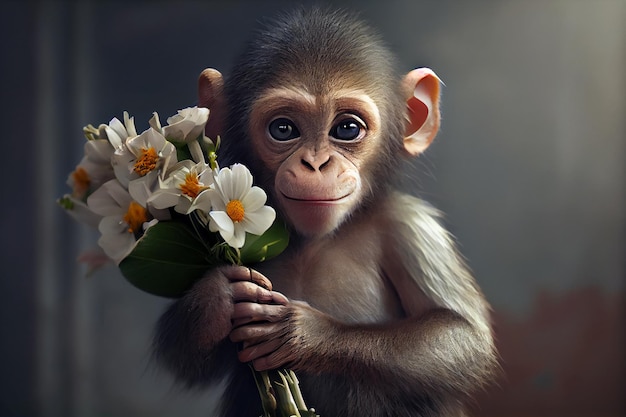 Ilustración realista un lindo mono con un ramo de flores en sus manos ai generativo