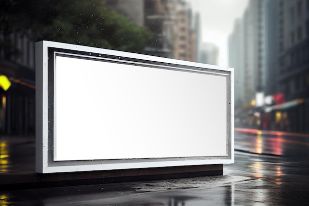 Foto ilustración realista maqueta de caja de publicidad ligera en la ciudad en una tarde lluviosa ia generativa