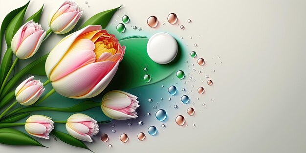 Ilustración realista de la naturaleza de un tulipán que florece y hojas verdes