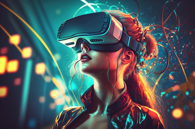 Ilustración realista de una niña que usa gafas modernas de realidad virtual con colores brillantes