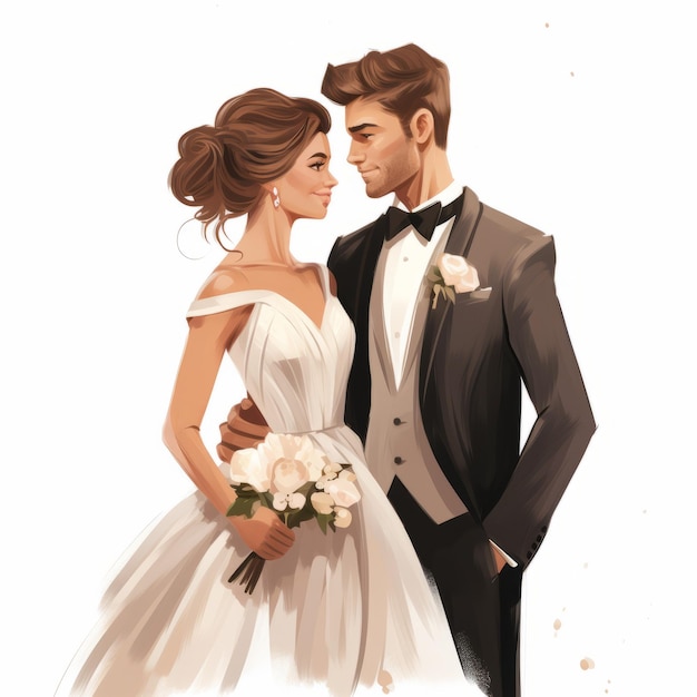 Ilustración realista de una pareja de dibujos animados de bodas con una atmósfera candida