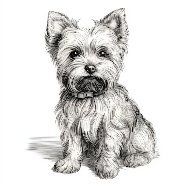 Ilustración realista de un perro Yorkshire Terrier en blanco y negro