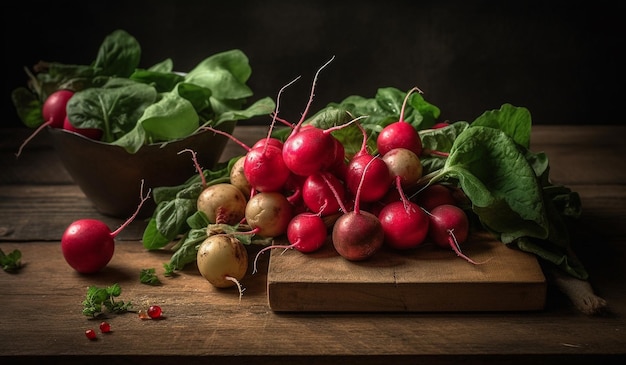 Ilustración realista de rábanos sobre mesa de madera y verduras verdes en el fondo para una sa saludable