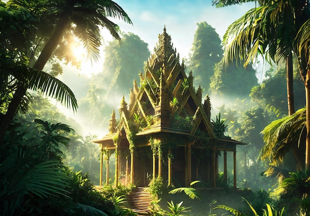 Ilustración realista de un templo en medio de la selva tropical