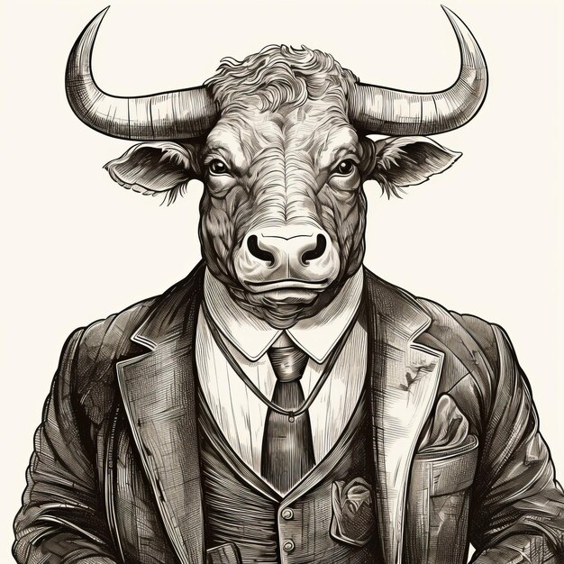 Foto ilustración realista de toro en blanco y negro retratos hiperdetallados