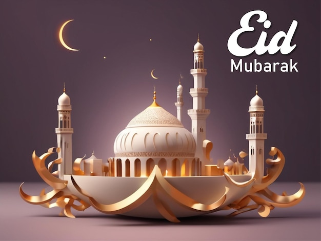 Ilustración realista tridimensional de Eid Mubarak con texto libre rápidamente