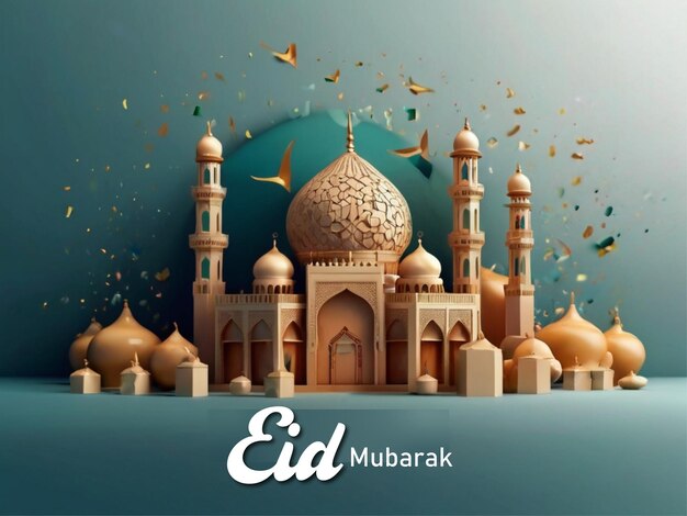 Ilustración realista tridimensional de Eid Mubarak con texto libre rápidamente