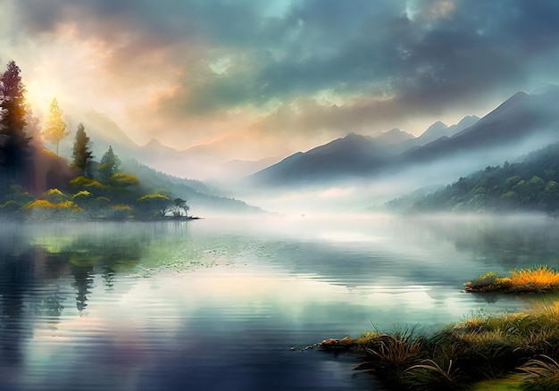 ilustración realista de la vista matutina del tranquilo paisaje del lago con cielo despejado y niebla sobre el agua