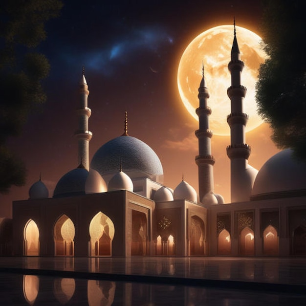 Ilustración realista de una vista de una mezquita con luz de luna y nubes nubladas