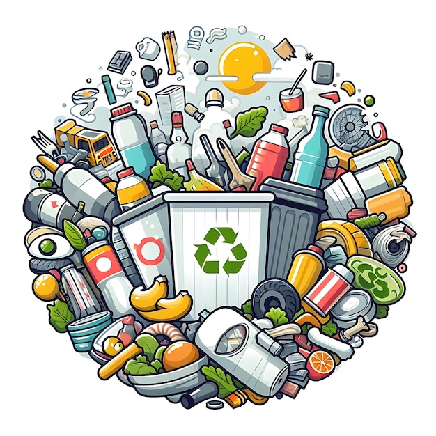 Ilustración de reciclaje de productos de desecho con contenedor de basura Días de cero residuos en el mundo residuos plásticos