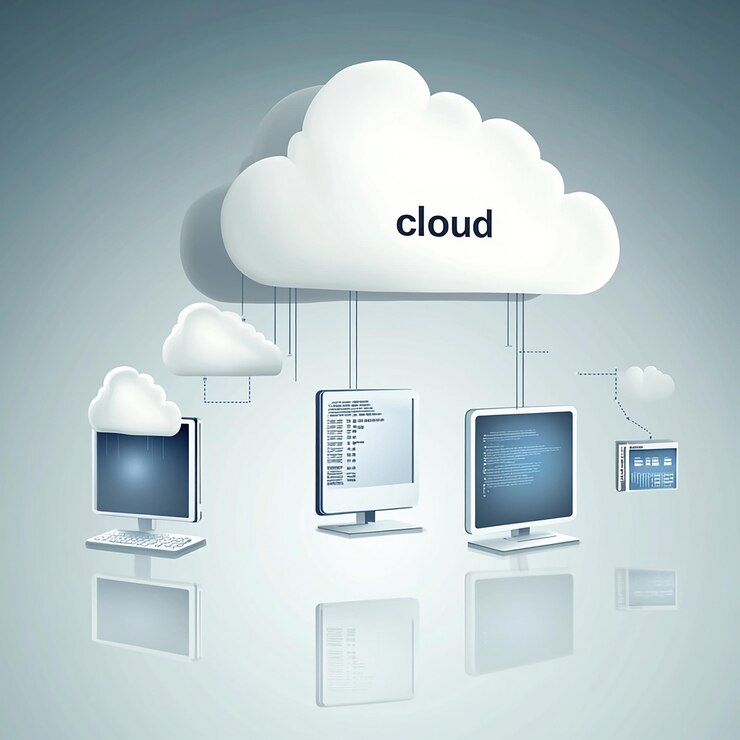 Foto ilustración de una red de computación en nube con múltiples computadoras conectadas a una nube
