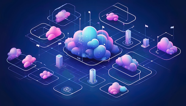 Ilustración de una red de nubes interconectadas que representan servicios en la nube y centros de datos.