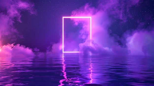 Una ilustración del reflejo de la puerta de color neón en la superficie líquida, partículas brillantes de humo en el cielo nocturno y un fondo de diseño de fiesta de música con marcos rectangulares púrpuras en agua oscura