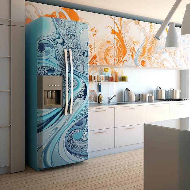 Ilustración de un refrigerador en un interior moderno y luminoso, fotorrealista