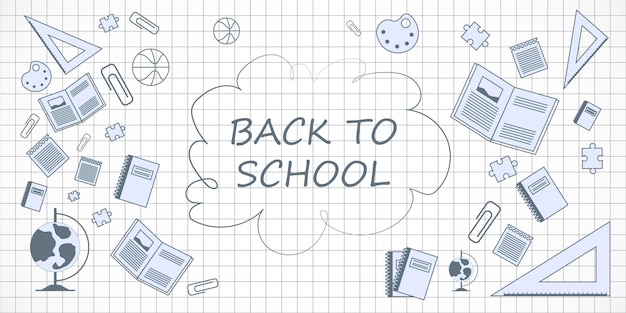 Ilustración de regreso a la escuela con artículos de papelería y un fondo de cuadrícula 3D