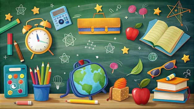Ilustración de regreso a la escuela con materiales escolares y fondo de pizarra