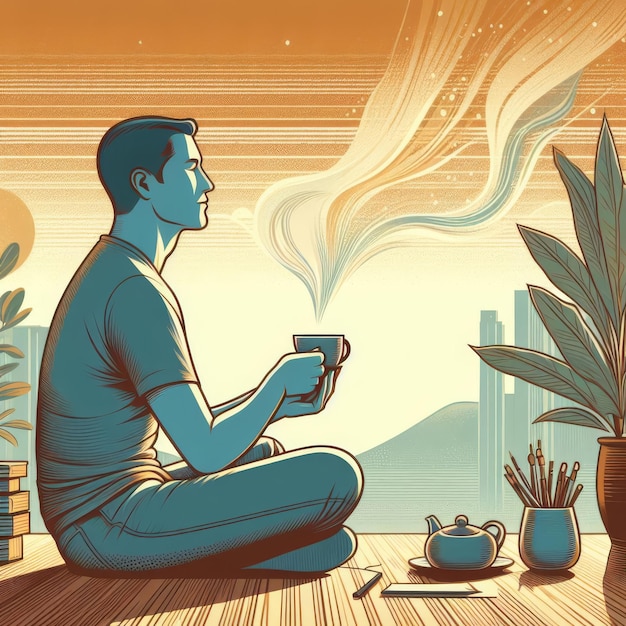 Ilustración de la relajación consciente con una taza de té