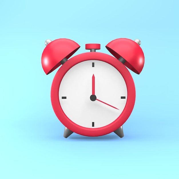 Ilustración de reloj de alarma de renderizado 3D sobre fondo azul. Icono de reloj de alarma 3D aislado. Ilustración aislada de reloj despertador 3d