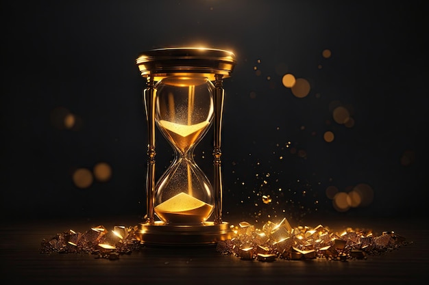 Ilustración de reloj de arena dorado sobre fondo oscuro ai generativo
