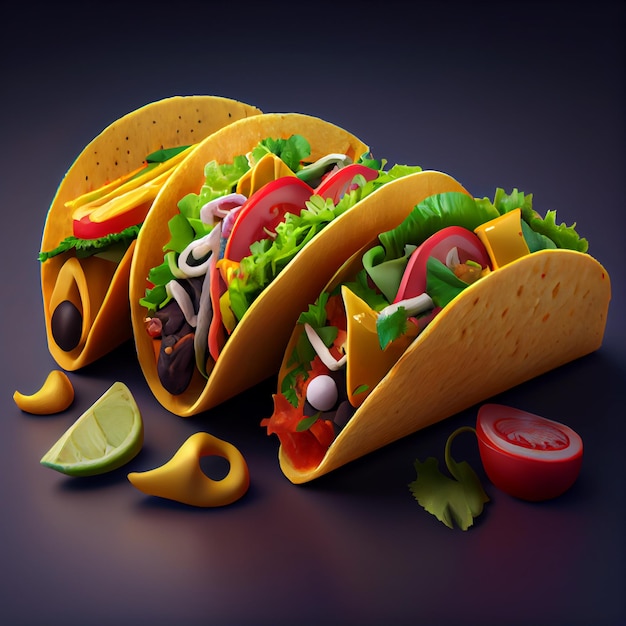 Ilustración de render 3d de comida mexicana tacos texmex