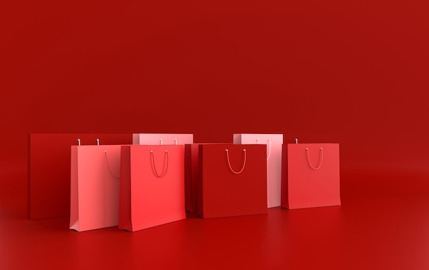 Ilustración de render 3D Conjunto de bolsas de la compra de papel rojo sobre fondo rojo