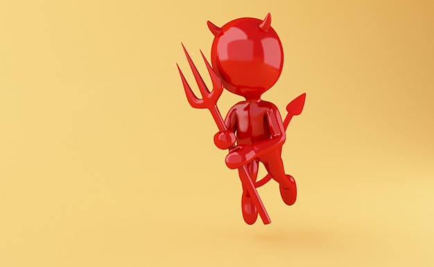 Foto ilustración de render 3d. diablo con tridente rojo sobre fondo amarillo.