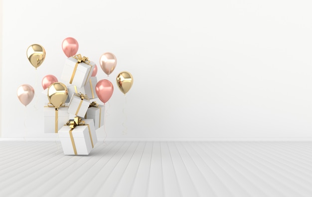 Ilustración de render 3D de globos de colores brillantes y caja de regalo