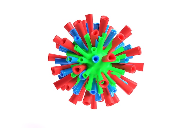 Ilustración de render 3D Virus corona de la gripe flotando en diseño de vista microscópica fluida.