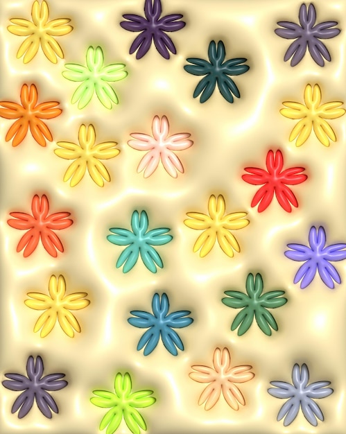 Ilustración de renderización 3D de flores en un fondo amarillo