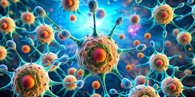 Ilustración de renderización 3D de fondo de la linfa humana bajo un microscopio