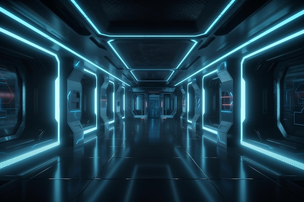 Ilustración de renderización 3D futurista de ciencia ficción habitación oscura y vacía con brillo de neón