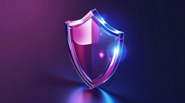 Foto ilustración de renderización 3d de un icono de escudo azul y rosa brillante sobre un fondo azul oscuro