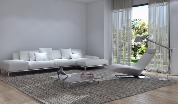 Ilustración de renderización 3D de interiores modernos y brillantes