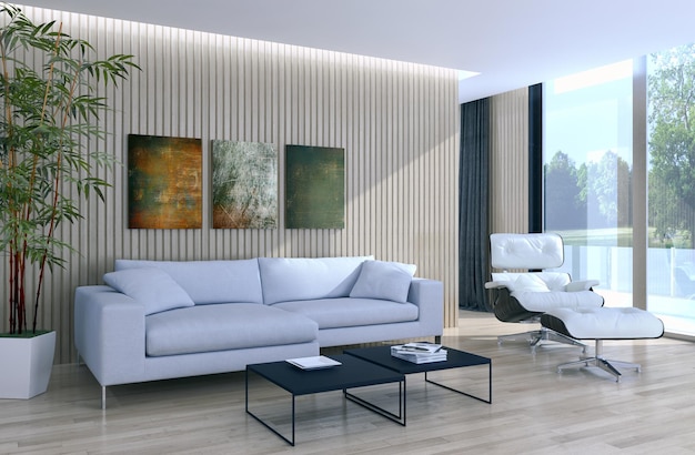 Ilustración de renderización 3D de interiores modernos y brillantes